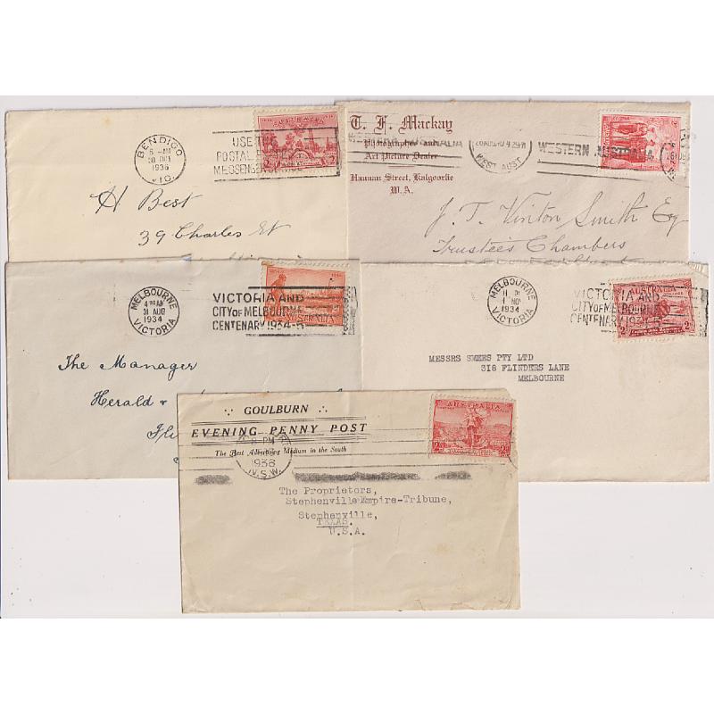 (GG1176) AUSTRALIA · 1934/40: five small covers bearing an all different range of 2d commemoratives from the period · condition as per largest image (5)