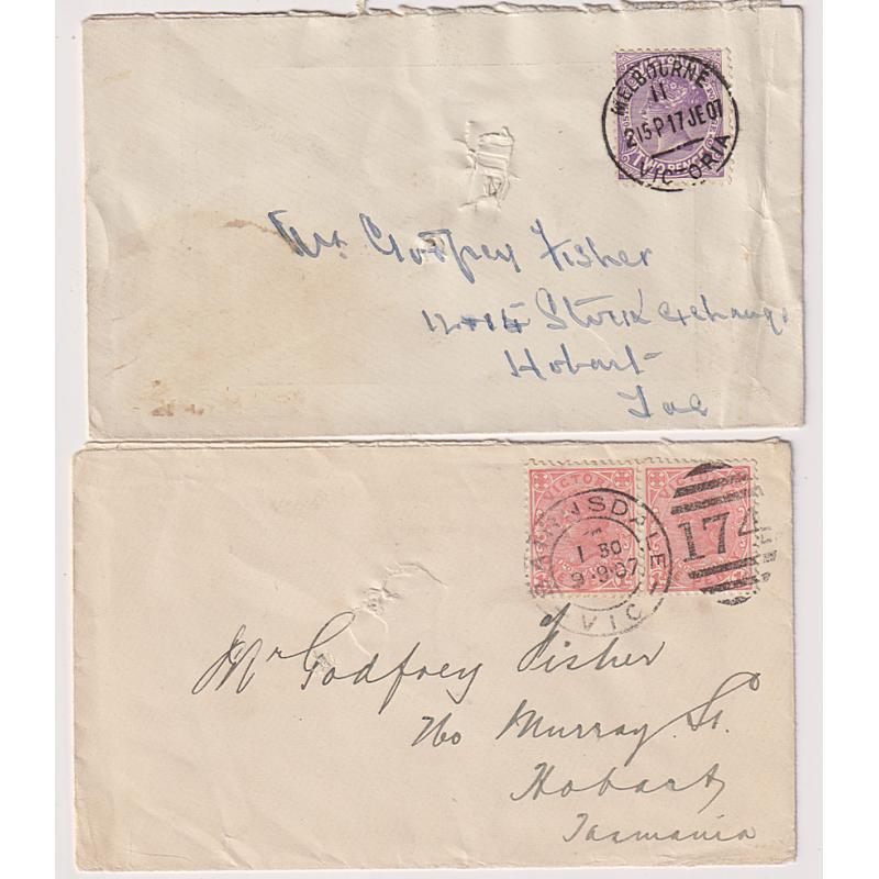 (GG1178 VICTORIA · TASMANIA  1907: two covers to a Tattersall agent at Hobart · mail addressed to Godfrey Fisher is quite scarce · note different addresses · usual condition with spike-holes (2)