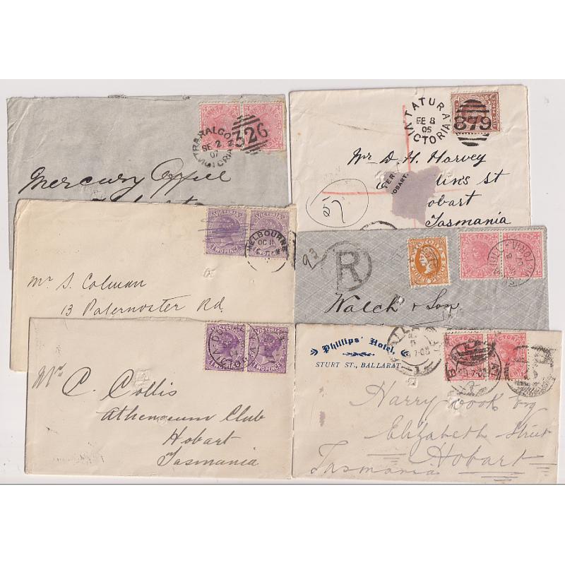 (GG1180) VICTORIA · TASMANIA  1904/07: six small covers mailed in Victoria to different Tattersall "alias" addresses at Hobart · usual mixed condition with spike-holes ....see largest image (6)