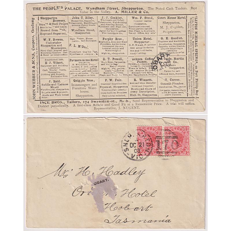 (GG1181) VICTORIA · 1903: classified style advertising envelope promoting businesses at SHEPPARTON · mailed from there to a Tattersall "alias" address at Hobart · usual spike-holes but overall condition is better than usually found