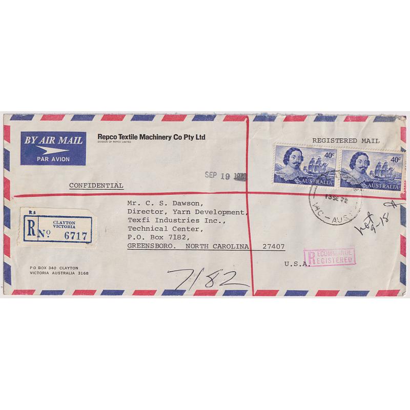 (GG1184L) AUSTRALIA · 1972: legal size registered commercial air mail cover to USA with pair 40c Tasman defin paying the air mail rate + reg fee · fine condition, surprising for a large cover!