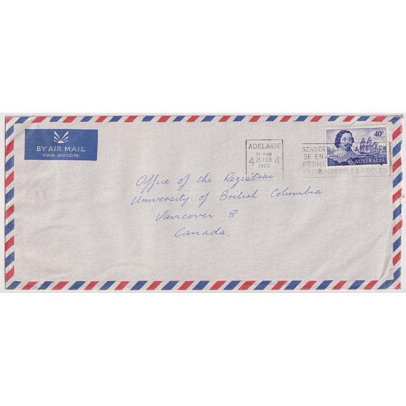 (GG1185L) AUSTRALIA · 1966: legal size commercial air mail cover to Canada with single 40c Tasmania franking paying the correct rate for up to ½oz. - excellent to fine condition