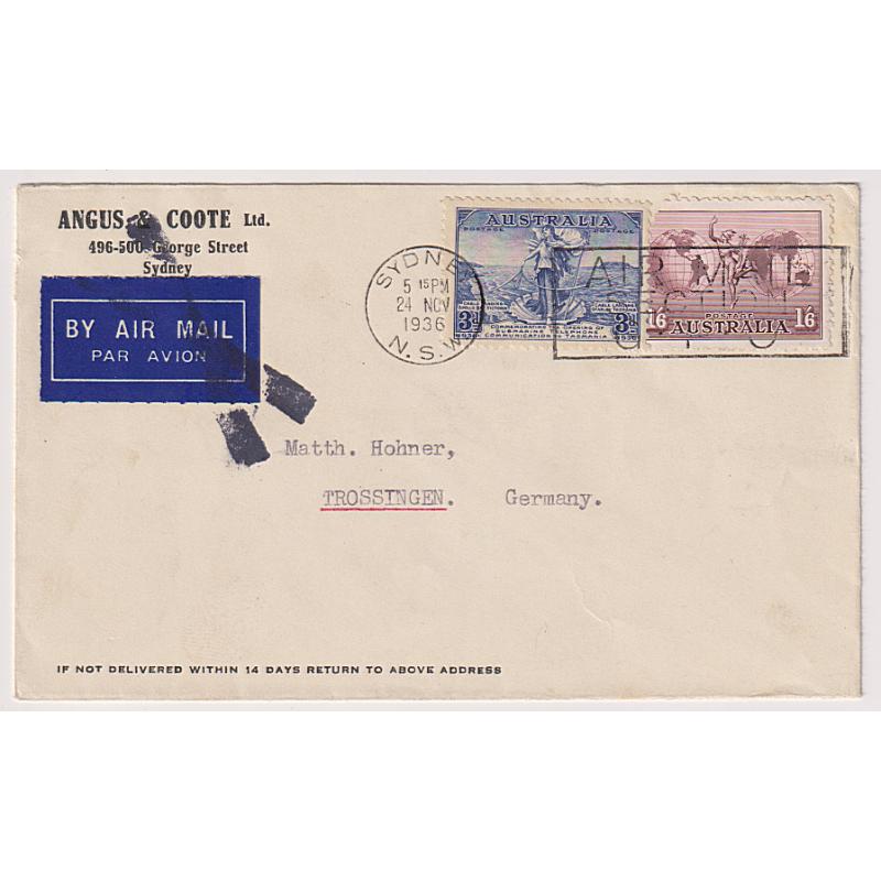 (GG1187) AUSTRALIA · 1936: air mail cover to Germany via London · "By Air Mail" label "cancelled" before forwarding to Trossingen by surface mail  · an attractive cover in finen condition