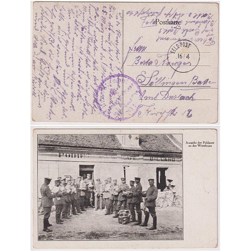 (GG1189) GERMANY · 1917: censored postcard with view "Distributing the Feldpost on the Western Front" · Rifle Battalion censor No.3 h/s and a FELD·POST  cds with part excised · excellent clean condition