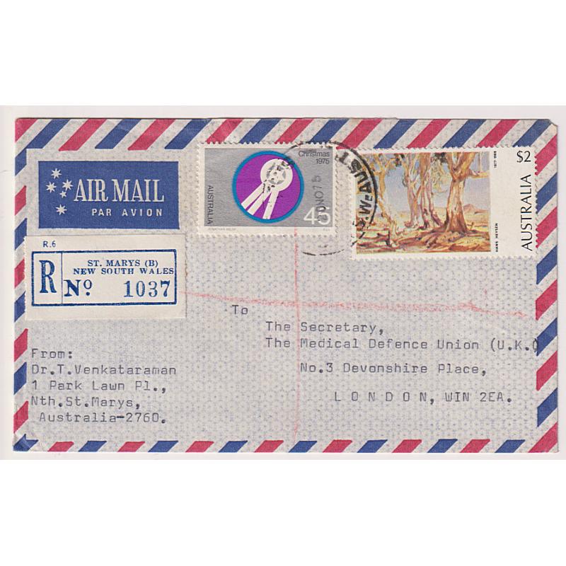 (GG1190) AUSTRALIA · 1975: neat registered commercial air mail cover to G.B. with 45c 1975 Xmas + $2 Painting franking making up the correct rate · attractive · fine condition