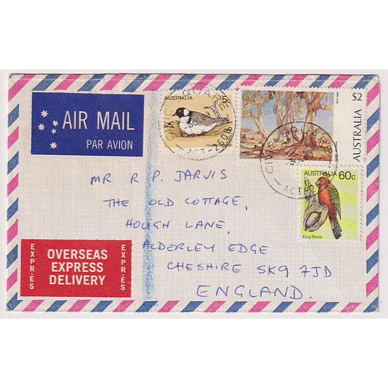 (GG1191) AUSTRALIA · 1979: OVERSEAS EXPRESS DELIVERY commercial cover to G.B. with 5c & 60c Birds + $2 Painting franking · attractive and in fine conditiion