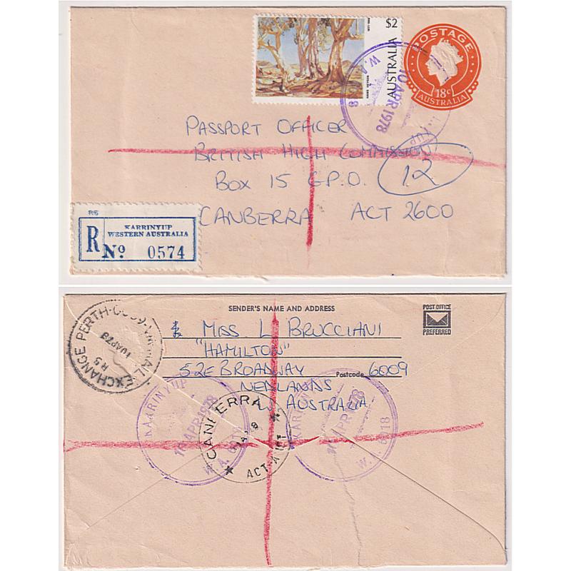 (GG1192) WESTERN AUSTRALIA · 1978: 18c QEII PSE uprated with a $2 Painting paying the reg fee · mailed at KARRINYUP with impressions on a rubber datestamp front and reverse · condition as per largest image