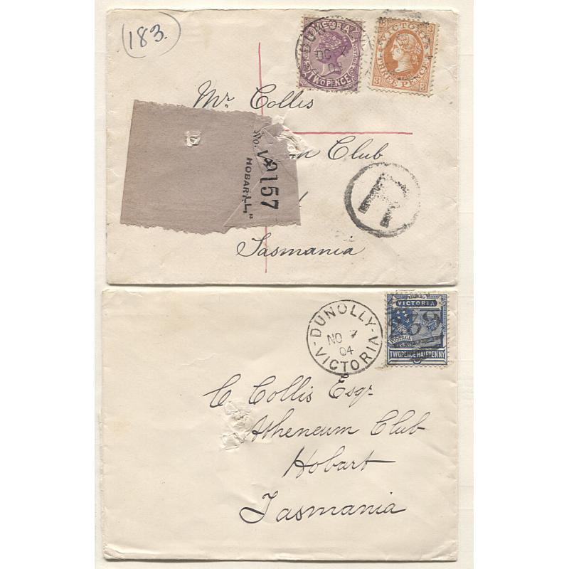 (GG15008) VICTORIA · 1903/04: small covers mailed from DUNOLLY to same Tattersall "alias": address at Hobart (unframed cds x3) · both have duplex cancels · usual spike-holes o/wise in excellent condition (2)