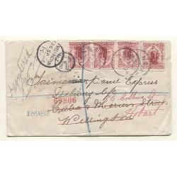 (GG15023) NEW ZEALAND · 1904: registered cover to Tasmanian Parcel Express Delivery Co. Wellington re-directed to Tattersall, Hobart · usual spike-hole o/wise in excellent condition · interesting mail embargo bypass item (2 images)