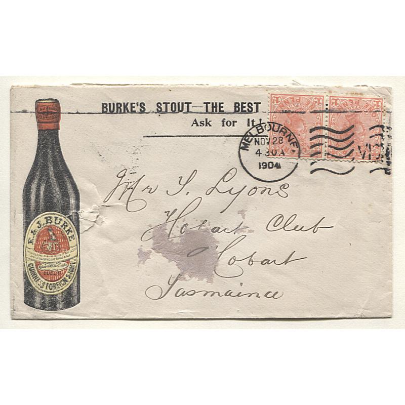 (GG15027) VICTORIA · 1904: advertising cover for BURKE'S GUINNESS FOREIGN STOUT mailed to Tattersall "alias address" at Hobart · usual spike-hole and a small paper adhesion however the cover is quite exhibitable