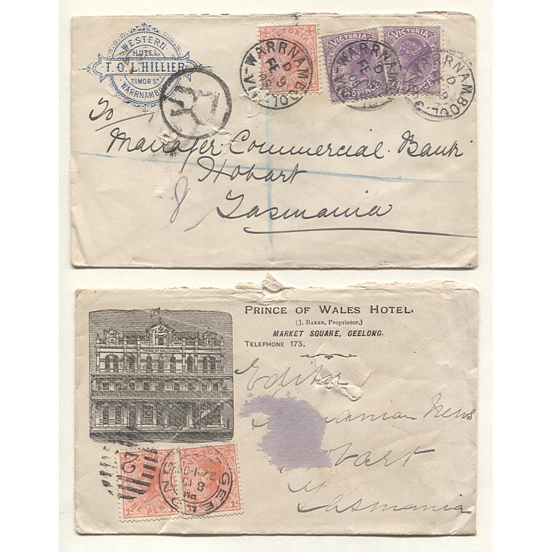 (GG15034) VICTORIA · 1904/05: advertising covers to TATTERSALL alias addressed at Hobart from hotels at Geelong and Warrnambool · usual spike-holes o/wise in VG to excellent condition (2)