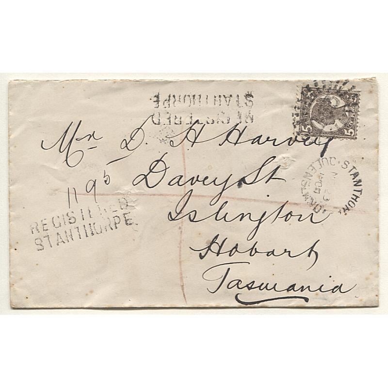 (GG15042) QUEENSLAND · 1904: registered cover to TATTERSALL alias address mailed from STANTHORPE with "Registered" h/s x2 and clear strikes of the cds and 'rays' numeral '163' · well-repaired spike-hole