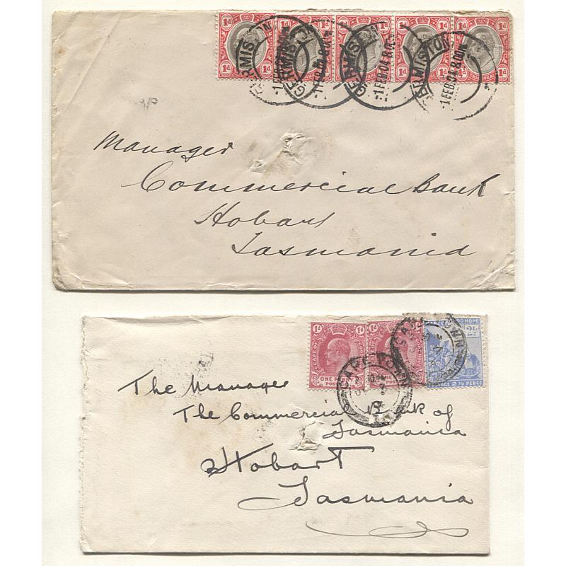 (GG15044) CAPE of GOOD HOPE · TRANSVAAL  1904: covers to TATTERSALL alias address at Hobart · usual spike-hole o/wise in VG to excellent condition · $5 STARTER!! (2)