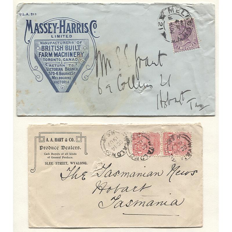(GG15045) VICTORIA · NEW SOUTH WALES 1904/07: rural industry related advertising covers both mailed to TATTERSALL alias addresses at Hobart · usual spike-holes o/wise cover in VG to excellent condition (2)