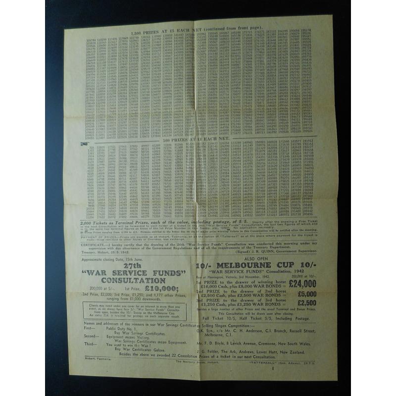 (GG15047L) TASMANIA · 1942: large folded results sheet for TATTERSALL'S 26th "WAR SERVICE FUNDS" CONSULTATION · overall condition is excellent · scarce survivor!