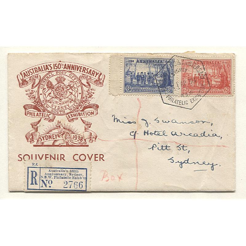 (GG15049) AUSTRALIA · NEW SOUTH WALES  1938: souvenir envelope mailed by registered post from the 150th ANNIVERSARY PHILATELIC EXHIBITION · some hinge remnants in flap o/wise in excellent condition