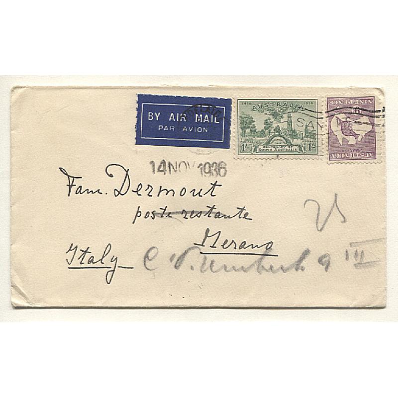 (GG15052) AUSTRALIA  · 1936: small air mail cover mailed to Italy from Adelaide · 1/9d franking paid correct rate for this service· re-directed on arrival · excellent condition