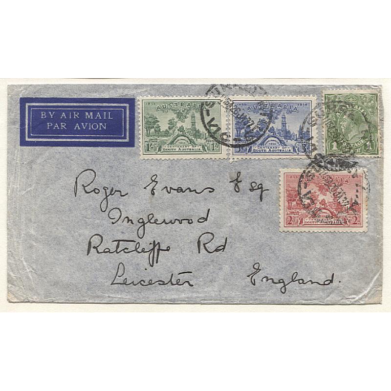 (GG15059) AUSTRALIA  · 1937: air mail cover to G.B. franked with the SA Centy set + 1d KGV defin making up the 1/6d rate for up to ½oz. · some light peripheral wear o/wise in excellent condition