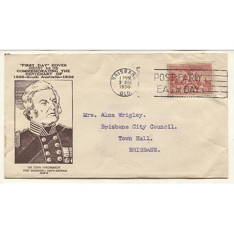 (GG15060) AUSTRALIA · 1936(Aug 3rd): cacheted FDC by John Gower with single 2d SA Centy franking postally used at Brisbane · some minor staining on left edge o/wise in excellent condition