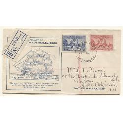 (GG15061) AUSTRALIA · 1936: a cacheted FDC by Gower postally used by registered mail and bearing the 2d & 3d values of the SA Centy issue · attractive ADELAIDE AIRWAYS LTD poster stamp on the reverse · fine condition (2 images)