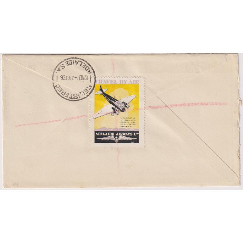 (GG15061) AUSTRALIA · 1936: a cacheted FDC by Gower postally used by registered mail and bearing the 2d & 3d values of the SA Centy issue · attractive ADELAIDE AIRWAYS LTD poster stamp on the reverse · fine condition (2 images)