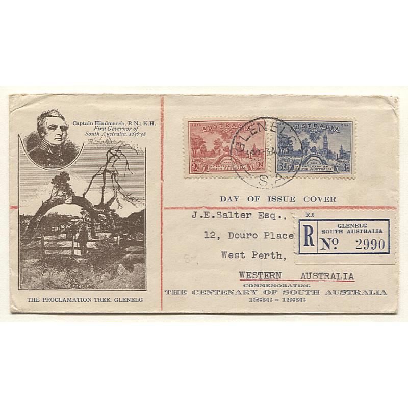 (GG15063) AUSTRALIA · 1936: Gower cacheted FDC with 2d & 3d SA Centy commems postally used by registered mail to WA · fine condition