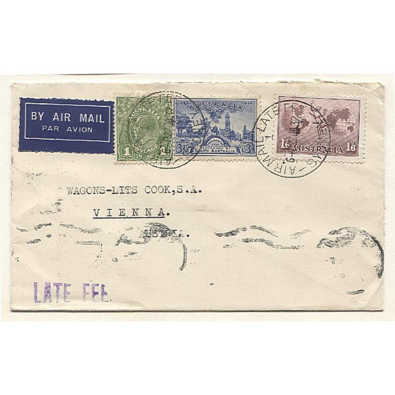 (GG15065) AUSTRALIA  · 1937: commercial air mail cover to Vienna via Athens · Sydney LATE FEE h/s · 1/10d franking paid air mail rate + onforwarding rate to Vienna by air + late fee · excellent condition