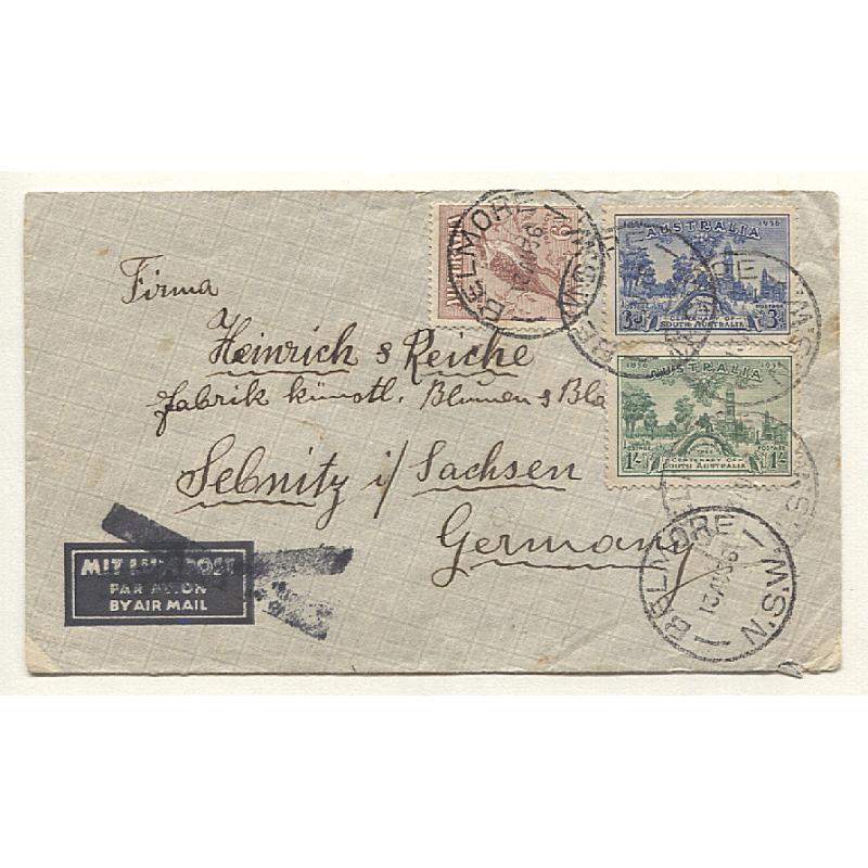 (GG15066) AUSTRALIA · 1936: small air mail cover to Germany with total franking of 1/9d which should have been sufficient for "all the way" by air however the "Mit Luftpost" indicium has been "cancelled"