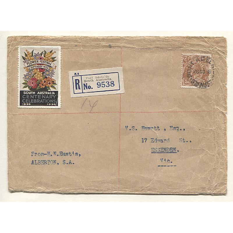 (GG15072) AUSTRALIA · 1936: registered commercial cover mailed Port Adelaide ot VIC · S.A. "Flower Festival" SA Centenary poster stamps · some peripheral wear and the flap is missing but quite displayable