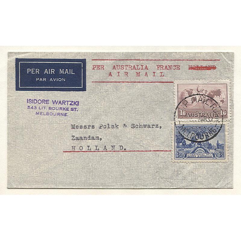 (GG15083) AUSTRALIA · 1937: commercial air mail cover to the Netherlands via Paris · 1/9d franking paid for air mail to Paris + onforwarding by surface mail to destination · arrival b/s · VF condition