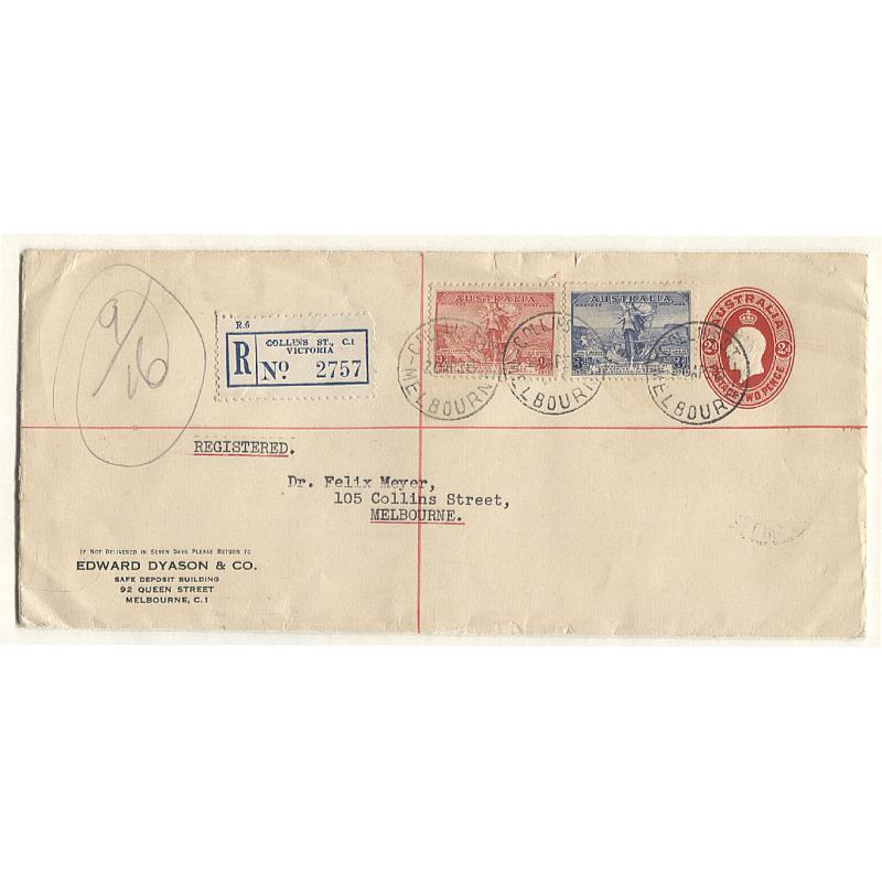 (GG15103L) AUSTRALIA · 1936: uprated stamped-to-order 2d KGV legal size envelope (Edward Dyason & Co.) · registered · 3d Cable paid fee / 2d Cable paid 2nd step regular postage · fine condition