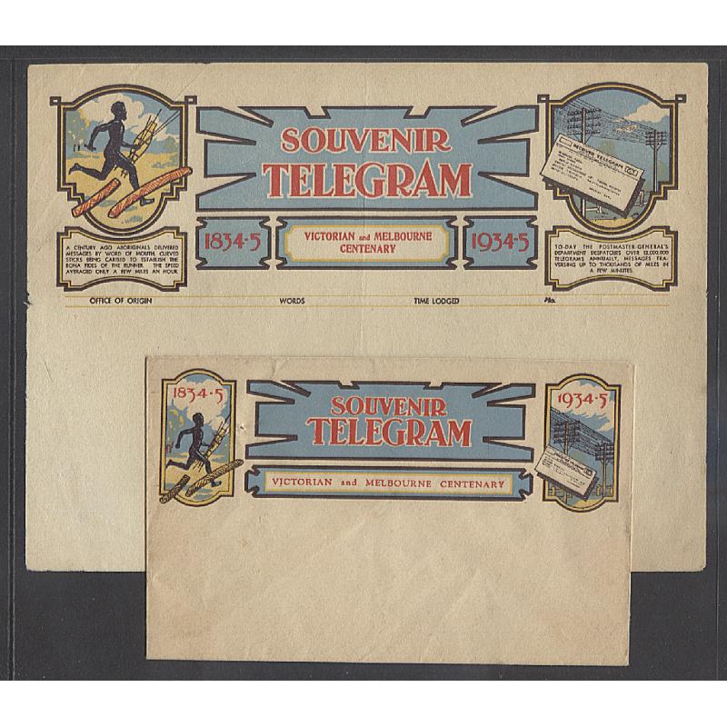 (GG15106L) AUSTRALIA · 1934: illustrated Souvenir Telegram form and matching envelope issued for use during the VICTORIAN and MELBOURNE CENTENARY · the form has been folded and any other imperfections are minor (2)