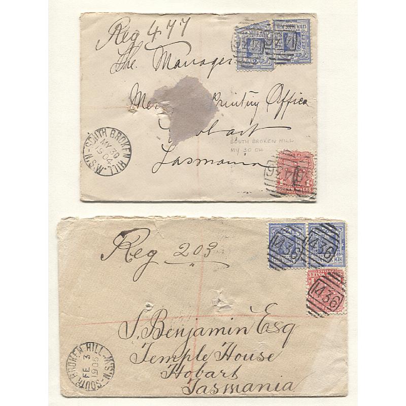 (GG15108) NEW SOUTH WALES · 1904/05: two registered covers to TATTERSALL alias addressed at Hobart, both mailed from SOUTH BROKEN HILL with clear postmarks · both items transmitted via Melbourne