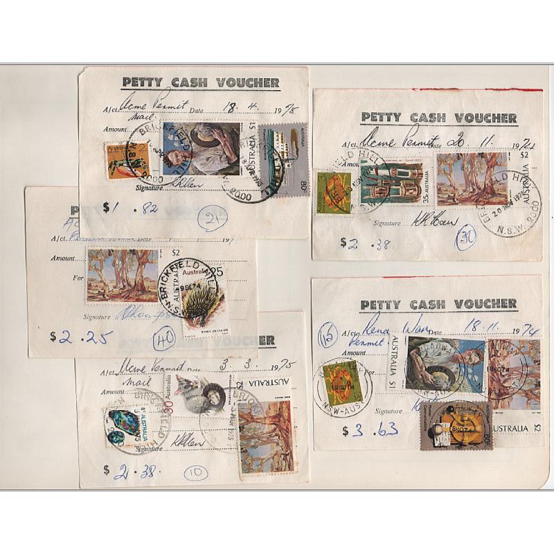 (GG151176)AUSTRALIA · 1974/75: 5 petty cash vouchers bearing contemporary defin frankings used to pay for daily receipts of PERMIT MAIL · attractive and scarce "usage" items (5)