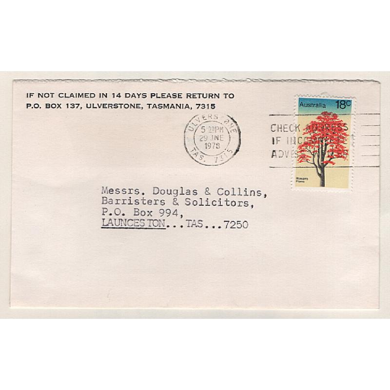 (GG151179) AUSTRALIA · 1978: small commercial cover mailed in Tasmania with single 18c Illawarra Flame Tree franking · scarce single franking · nice condition