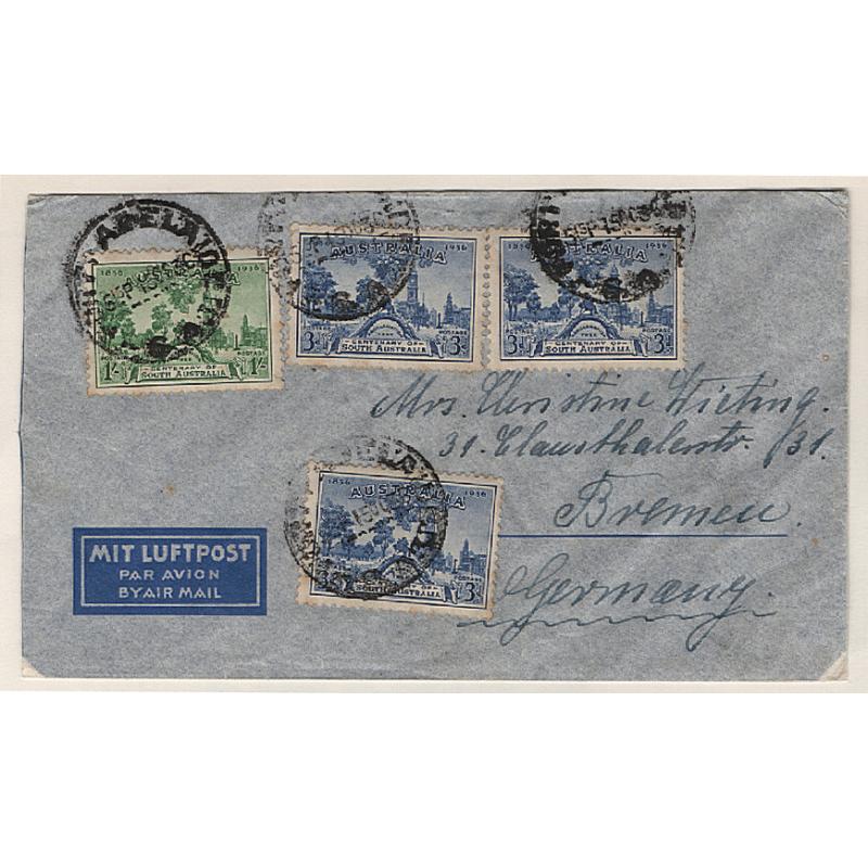 (GG151181) AUSTRALIA · 1936: small commercial air mail cover to Germany with the 1/9d rate for delivery to destination made up with SA Centenary commems · reduced a fraction at left when opened o/wise in excellent condition