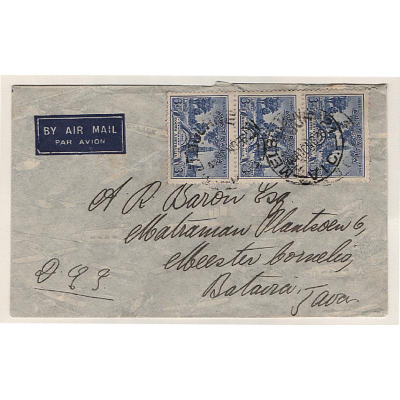 (GG151182) AUSTRALIA · 1936: small commercial air mail cover to JAVA with vertical strip of 3x 3d SA Centenary commems making up the applicable rate for up to ½oz. · nice condition · scarce destination