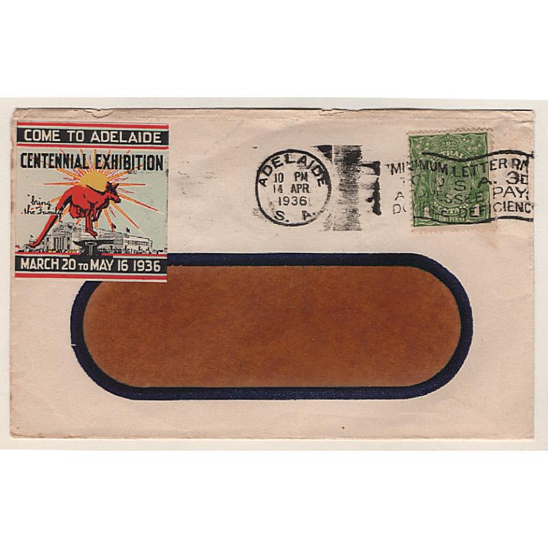 (GG151183) AUSTRALIA · 1936: small cover bearing a COME TO ADELAIDE · CENTENNIAL EXHIBITION poster stamp · excellent condition