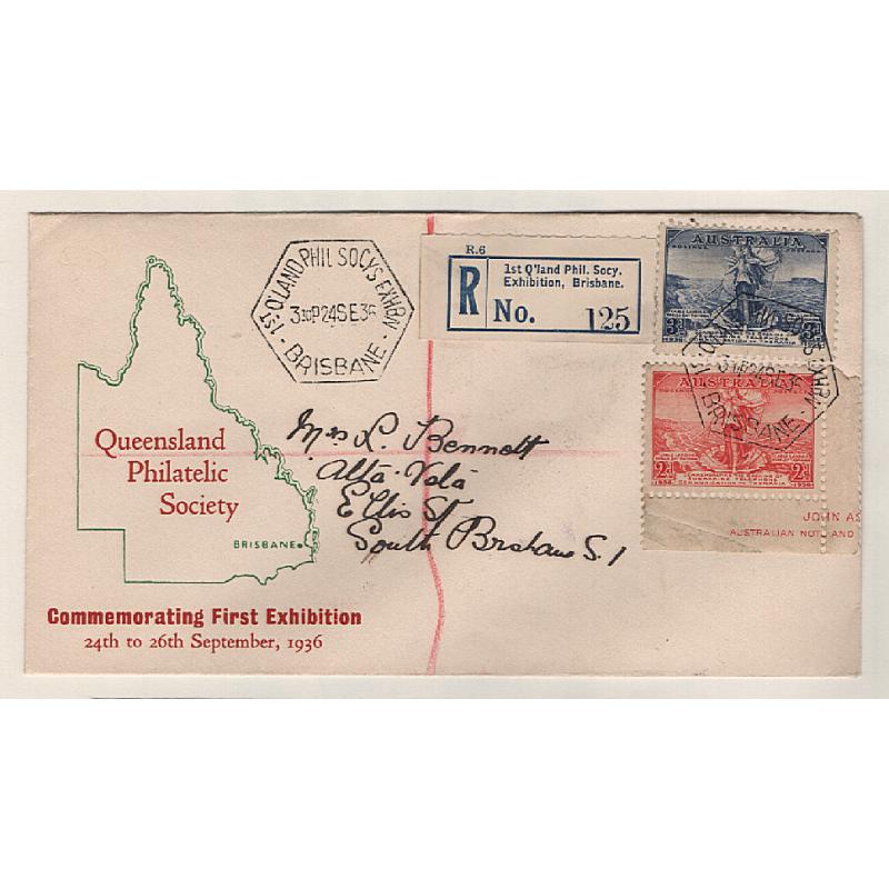 (GG151185) AUSTRALIA · QUEENSLAND  1936 (Sept 24th): souvenir cover mailed by registered post from the 1st QUEENSLAND PHILATELIC SOCIETY EXHIBITION BRISBANE · above the quality usually found for this commemorative item