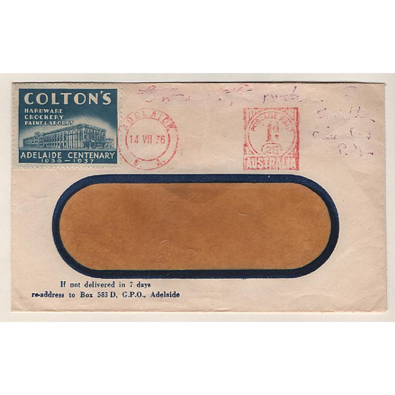 (GG151186) AUSTRALIA · 1936: small cover bearing a COLTON'S ADELAIDE CENTENARY cinderella · some writing partially removed but still quite displayable .... see largest image