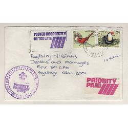 (GG151187) AUSTRALIA · ACT  1981: small neat Priority Paid cover mailed at Woden to Sydney · despatch and arrival "time-clock" datestamps · full impression of POSTED INCORRECTLY OR TOO LATE h/s · fine condition