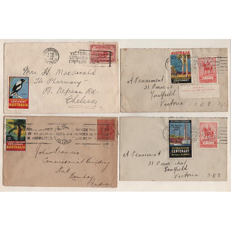 (GG151189) AUSTRALIA  1934: 4x small covers each with a different AUSTRALIA · VICTORIAN & MELBOURNE CENTENARY  1934/35 poster stamps · condition a little mixed but all items are quite presentable · see largest image (4)