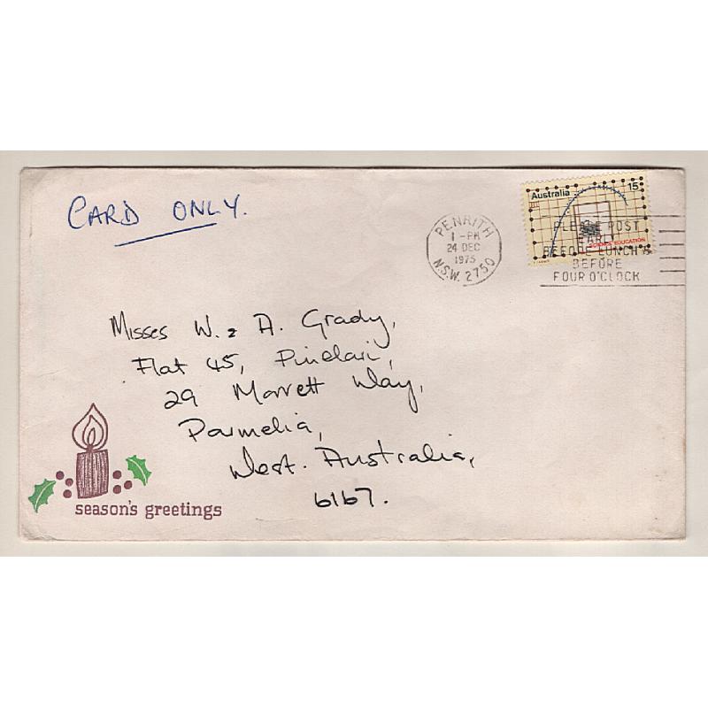 (GG151190) AUSTRALIA  1975: envelope endorsed CARD ONLY bearing single 15c Education (rather than the usual 15c C'mas issue) · a rare "usage" item ....you may never see another example!