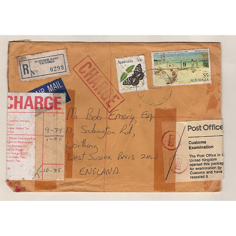 (GG151191) AUSTRALIA · GREAT BRITAIN  1988: registered commercial cover to the United Kingdom · hit for VAT on arrival with amount due paid using p/dues · a very busy item · condition as per largest images