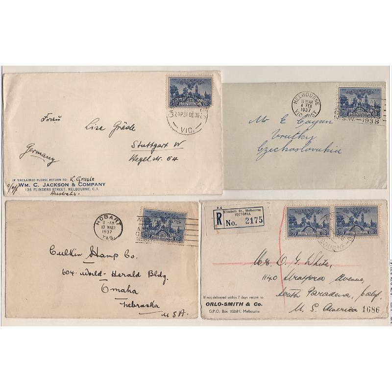 (GG151192) AUSTRALIA · 1936/37: 4x covers with 3d SA Centenary commems used to pay applicable rates · one registered cover and three items to overseas destinations including Czechoslovakia · excellent to fine condition throughout (4)