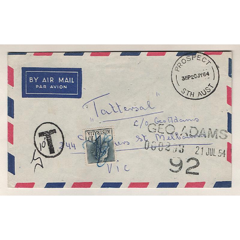 (GG151195) AUSTRALIA · 1964: air mail cover to Tattersall mailed without stamp · taxed 10d paid by addressee using a 10d QEII defin · fine condition · nice "usage" item!