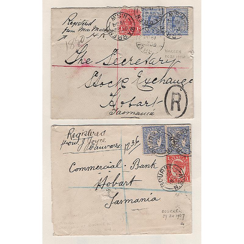 (GG151197) NEW SOUTH WALES · QUEENSLAND  1904/07: registered covers mailed to Tattersal "alias addresses" at Hobart from WARREN (NSW) and BOURKE (QLD) · usual closed spike-holes however the overall condition of both items is excellent (2)