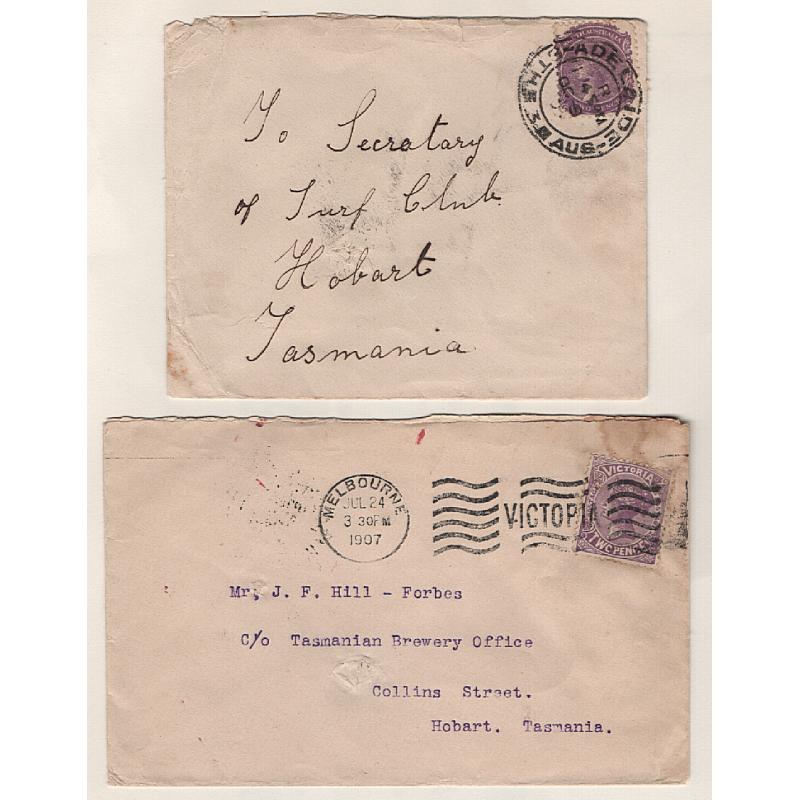 (GG151198) SOUTH AUSTRALIA · VICTORIA  1907: covers mailed to TATTERSALL "alias addresses" at Hobart · usual spike-holes however the overall condition is VG to excellent .... see largest image (2)