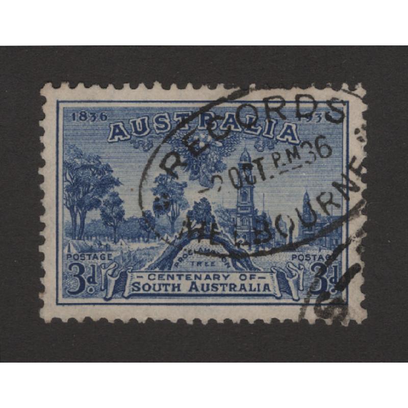 (GG151202) VICTORIA · 1936: a clear and nearly complete impression of the oval RECORDS MELBOURNE datestamp on a 3d SA Centenary issue · nice example