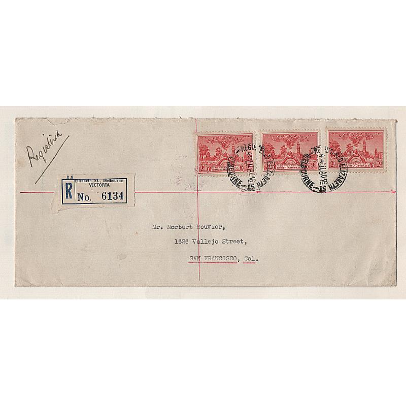 (GG151206) AUSTRALIA · 1936: registered commercial cover to USA  with 3x 2d SA Centenary franking making up the double rate plus 3d fee · excellent condition · array of b/stamps "document" the journey